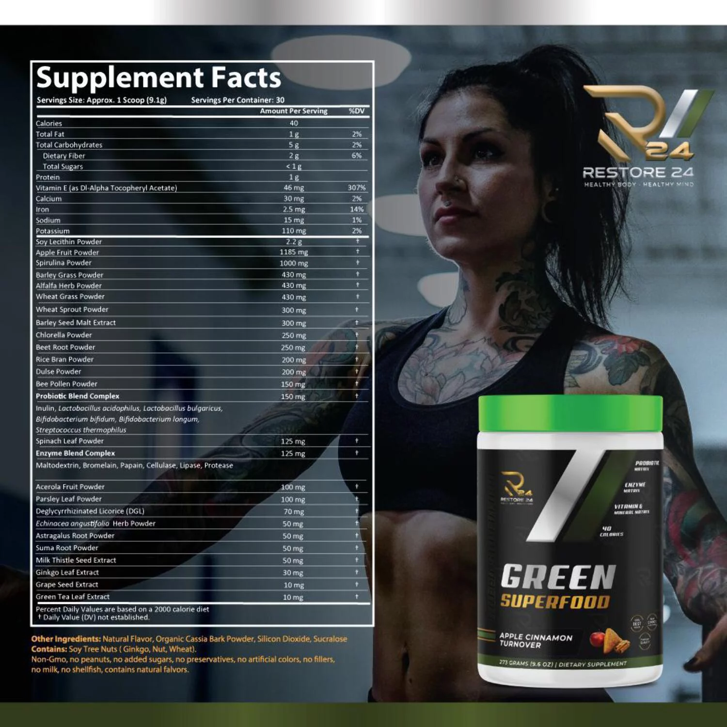 Restore 24 Nutrition Greens Blend Superfood - Super Greens Powder Smoothie Mix for Boost Energy with Rice Bran Powder, Vitamin E, Calcium, Iron, Dulse Powder, Barley Grass, Wheat Grass, Bee Pollen, Sp