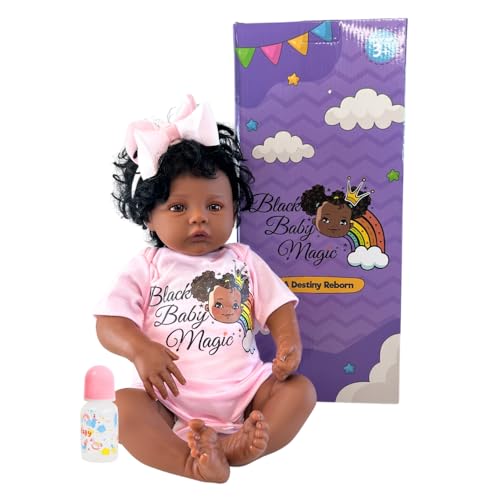 Black Baby Magic Reborn Destiny Doll w/Accessories, 6 Piece Gift Set, Soft Body, 17 Inch Newborn, Realistic, Curly Natural Hair, Black African American Girl (Zuri)