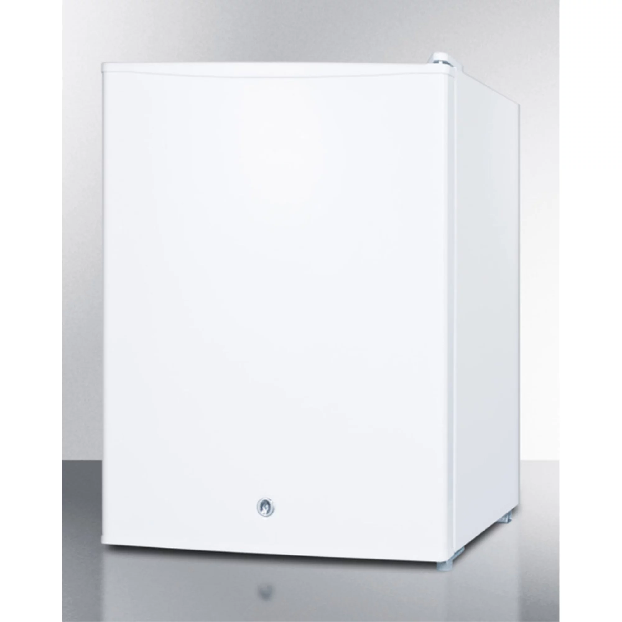 Compact all-refrigerator with automatic defrost, front-mounted lock, and white finish