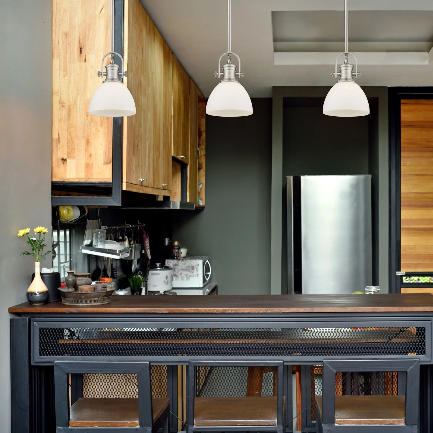 Hines Mini Pendant in Pewter with Opal Glass