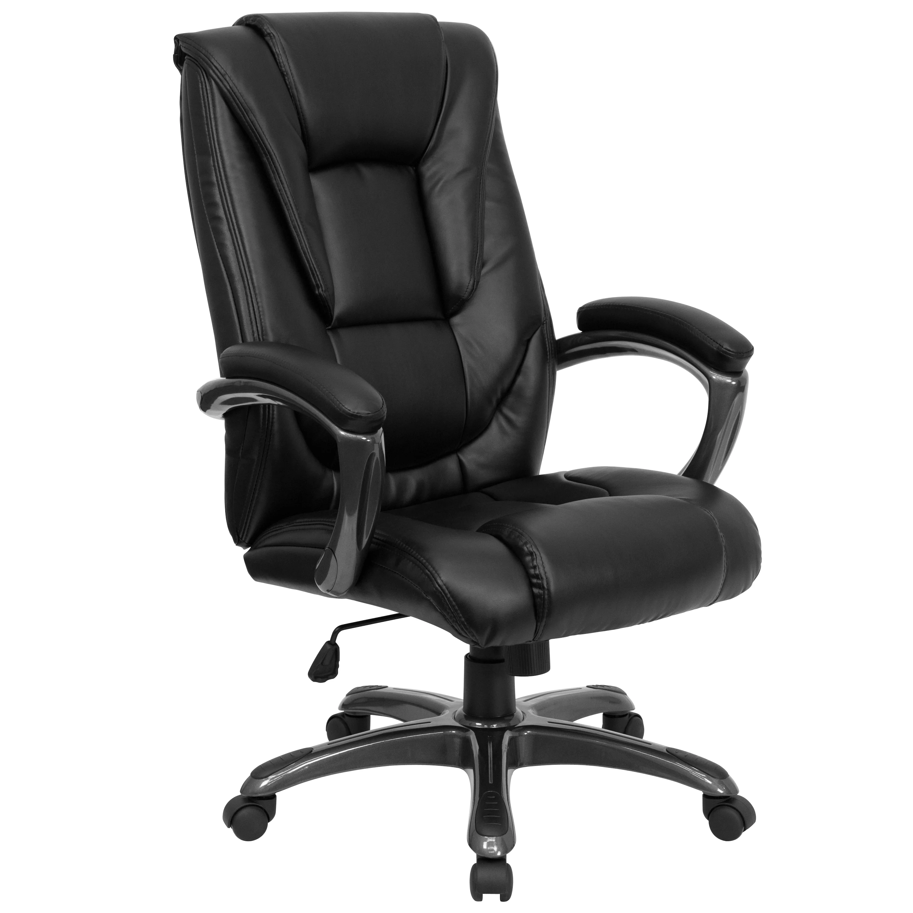 BizChair High Back Black LeatherSoft Layered Upholstered Executive Swivel Ergonomic Office Chair with Smoke Metal Base and Arms