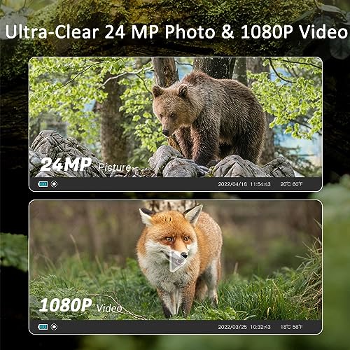 Mini Trail Game Camera 24MP 1080P, with Night Vision 0.2s Trigger Time Motion Activated, IP66 Waterproof, Low Glow LED for Wildlife Monitoring