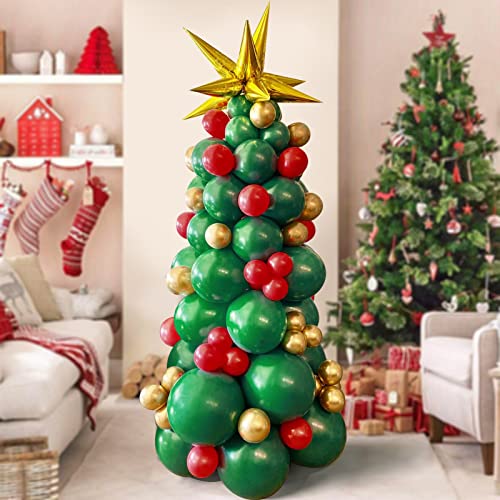 Christmas Balloon Garland Arch Kit Green Red Golden Latex balloons Xmas Tree Balloons with Golden Starburst Balloons for Christmas Party Decorations