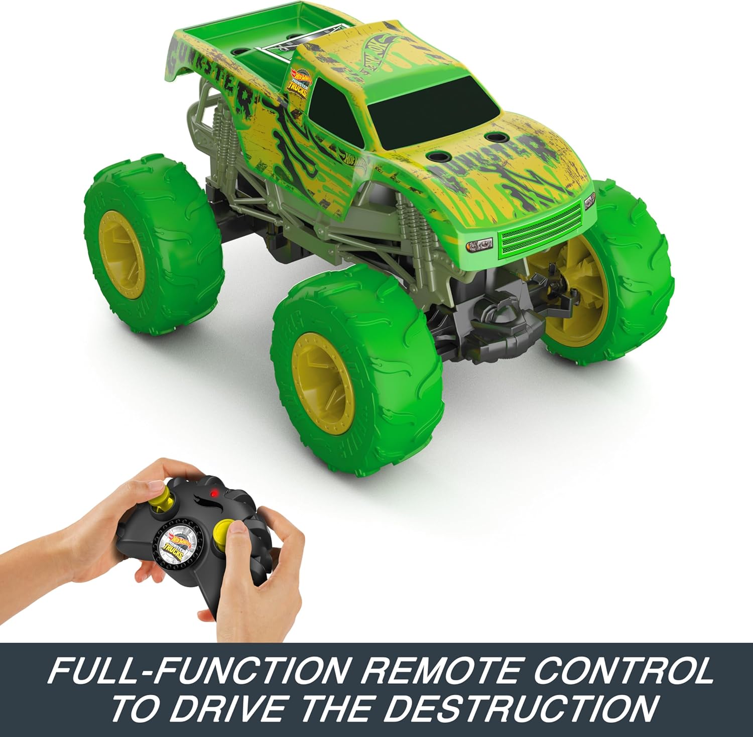 Hot Wheels Monster Trucks RC Toy, Remote-Control 1:15 Scale Gunkster, Glows in The Dark & has Terrain Action Tires with Off-Roading Capability