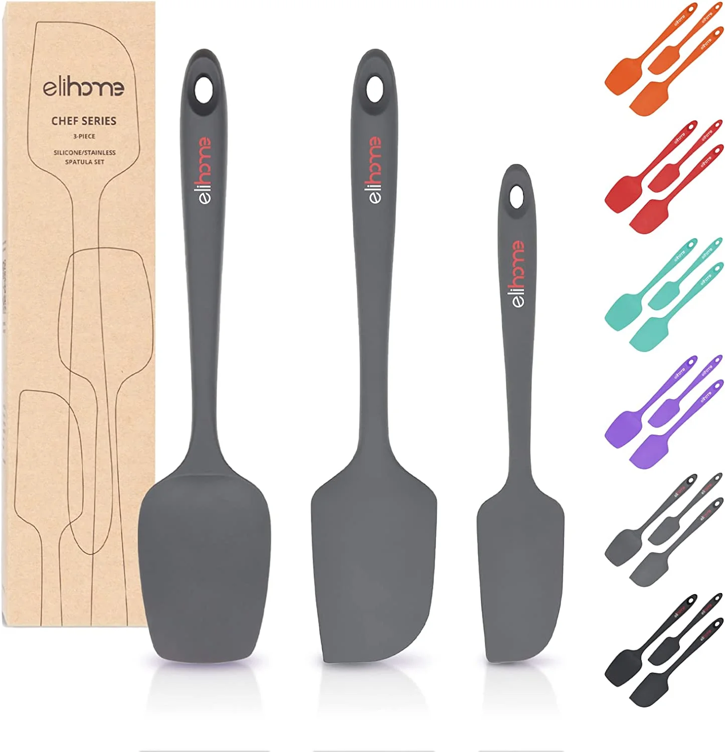 Elihome Chef Series 3 Piece Silicone Spatula Set - 600°F Heat Resistant Non Stick Rubber Kitchen Scraper Spatulas for Cooking, Baking, and Mixing – BPA Free and LFGB Certified Silicone (Grey)