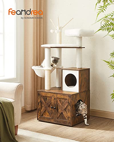 Feandrea Cat Tree with Litter Box Enclosure, 2-in-1 Modern Cat Tower, 55.1-Inch Cat Condo with Scratching Posts, Removable Pompom Sticks, Rustic Brown UPCT113X01