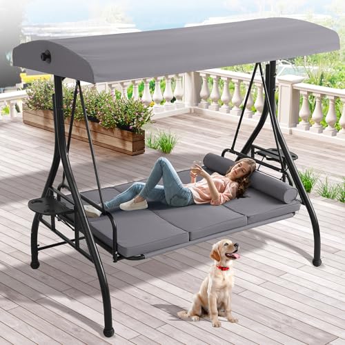 Grepatio Outdoor Porch Swing with Canopy and Stand, 3 Person Patio Swing for Adults, Convertible 2 in 1 Porch Bed Swing with Cup Holder, 3 Seat Swings with 2 Pillow Cushions for Garden, Yard (Grey)