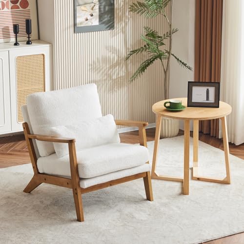 VINGLI Solid Wood Wide Armrests Accent Chair,Upholstered Mid Century Modern Chair with Pillow,Comfy Reading Chair Farmhouse Arm Chair,Chairs Living Room,Bedroom,Guest Room,Linen Fabric,Beige