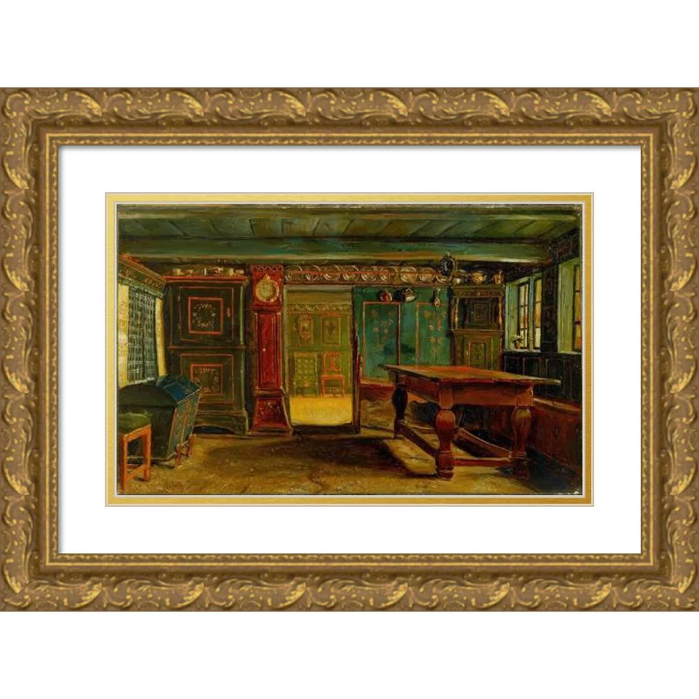 Christen Dalsgaard 24x17 Gold Ornate Framed and Double Matted Museum Art Print Titled - Farmhouse Room Near Store Heddinge (1847)
