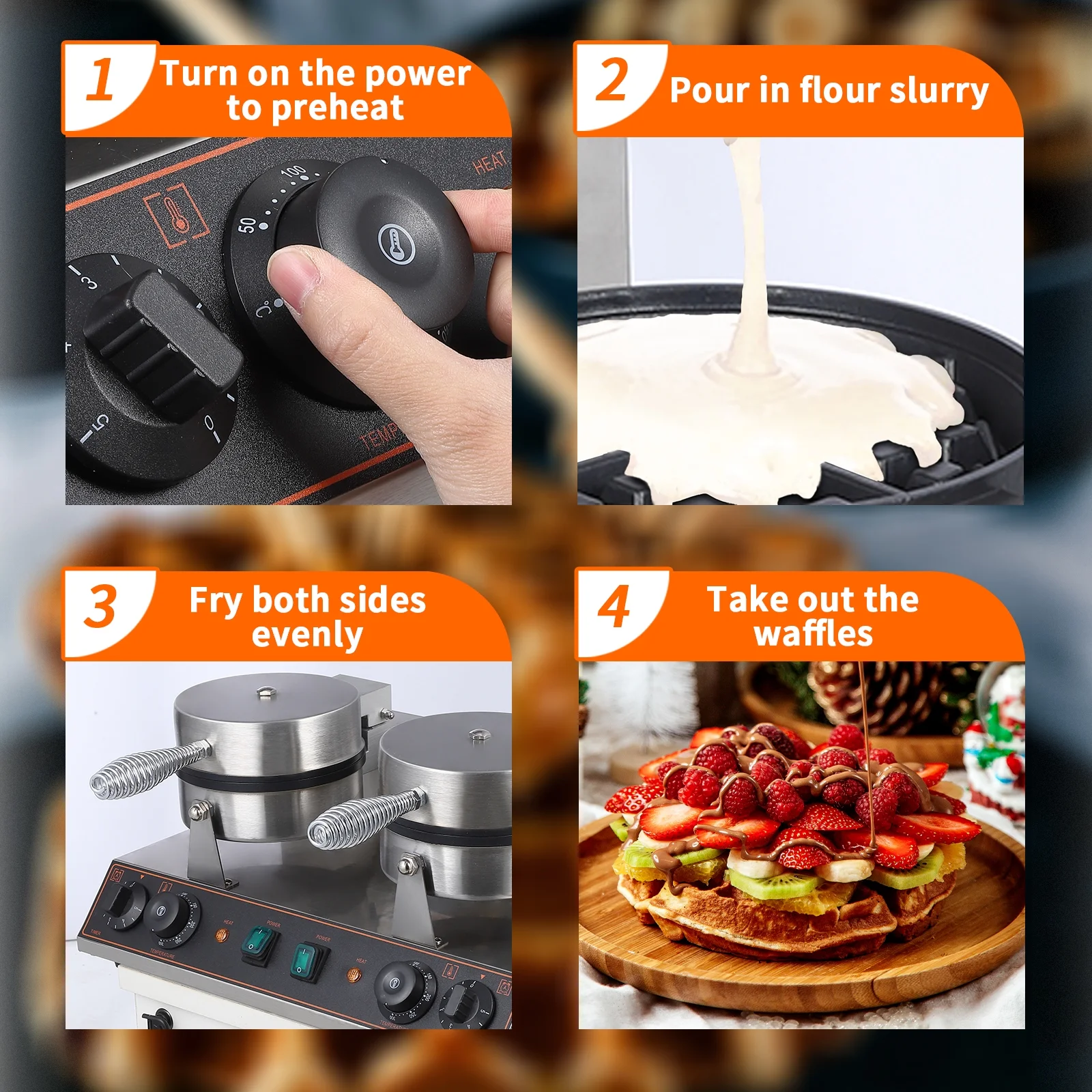 Tropow Stainless Steel Double-Ended Waffle Maker With Double-Ended Snap Lid And Non-Stick Pan To Make Up To 8 Waffles At A Time, Easy-To-Clean Detachable Drip Tray To Save Space