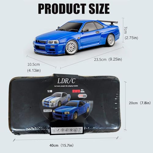 LD1899 1/18 RC Drift Car GTR R34 2.4GHz RWD with Gyroscope on-Road Alloy Body Shell Racing Cars Radio Control (Blue)