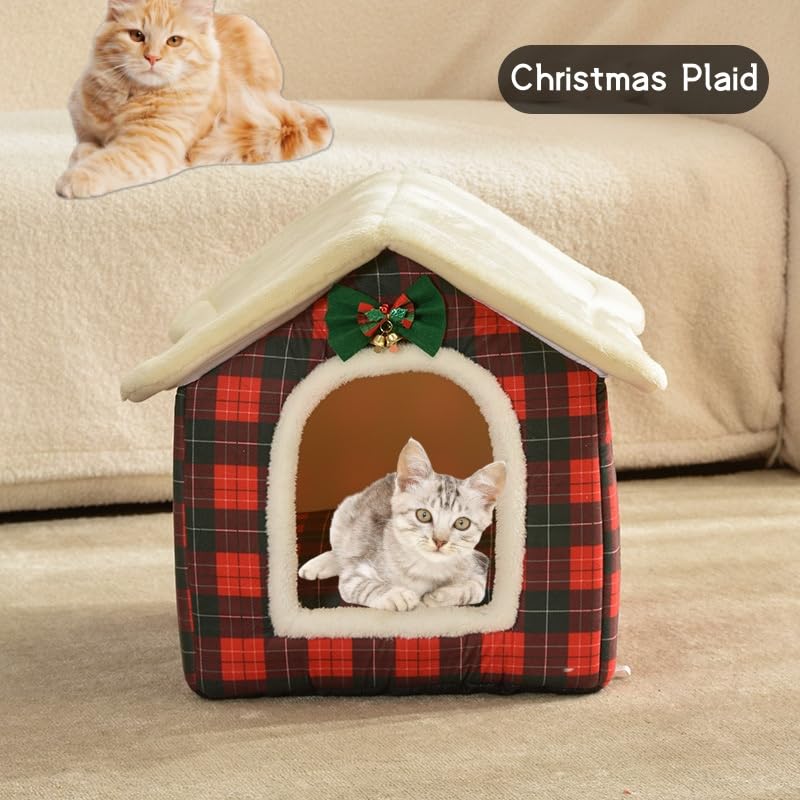 Cat Bed Cave, Cute Christmas Plaid Cat Beds for Indoor Cats, Pet House Cats Tent with Removable Cushion Pillow for Kittens Puppy Small Dogs (Plaid-S(15.7x12.6x13.7in))