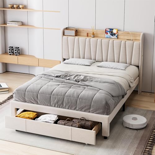GarveeHome Upholstered Bed Frame with Storage Headboard and Charging Station, Platform Bed Frame with Drawers, Heavy Duty, No Box Spring Needed, Easy Assembly, Beige, Queen Size