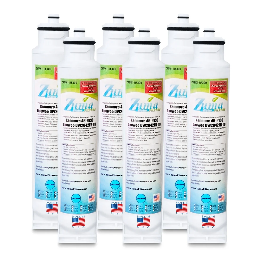 ZUMA Brand , Water and Ice Filter , Model # ZWFK1-RF300 , Compatible with Daewoo® / Kenmore® FRNY225D2V - 6 Pack - Made in U.S.A.