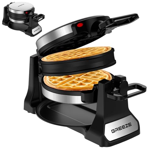 Waffle Maker, Double Belgian Waffle Maker 180°Flip, 1400W Waffle Iron 8 Slices, Rotating & Nonstick Plates with Removable Drip Tray for Easy Clean, Stainless Steel, Locking Buckle & Cool Touch Handle