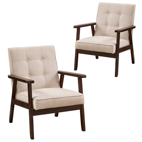 ANJ Mid Century Modern Accent Chair, Tufted Fabric Upholstery, Wood Frame, Beige