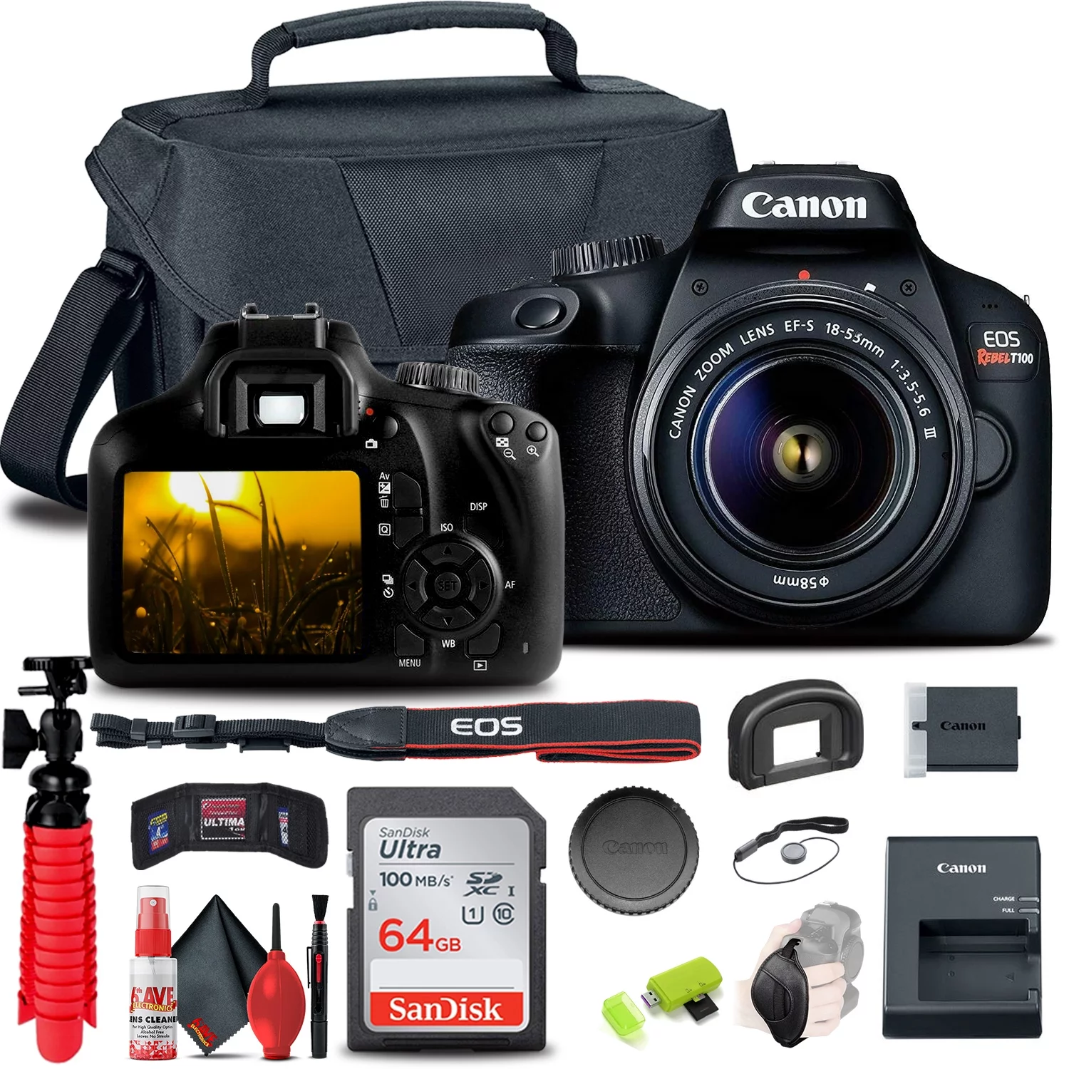 Canon EOS Rebel T100 / 4000D DSLR Camera with 18-55mm Lens + 64GB Memory Card + Case + Card Reader + Flex Tripod + Hand Strap + Cap Keeper + Memory Wallet + Cleaning Kit