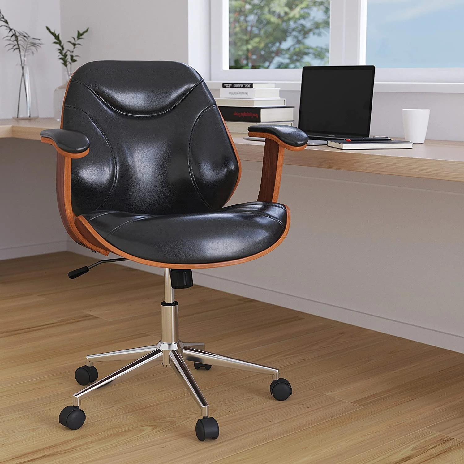 RUNFAYBIU Frederick Mid-Back Ergonomic Office Chair Executive Swivel Bentwood Frame Desk Chair in Black Faux Leather