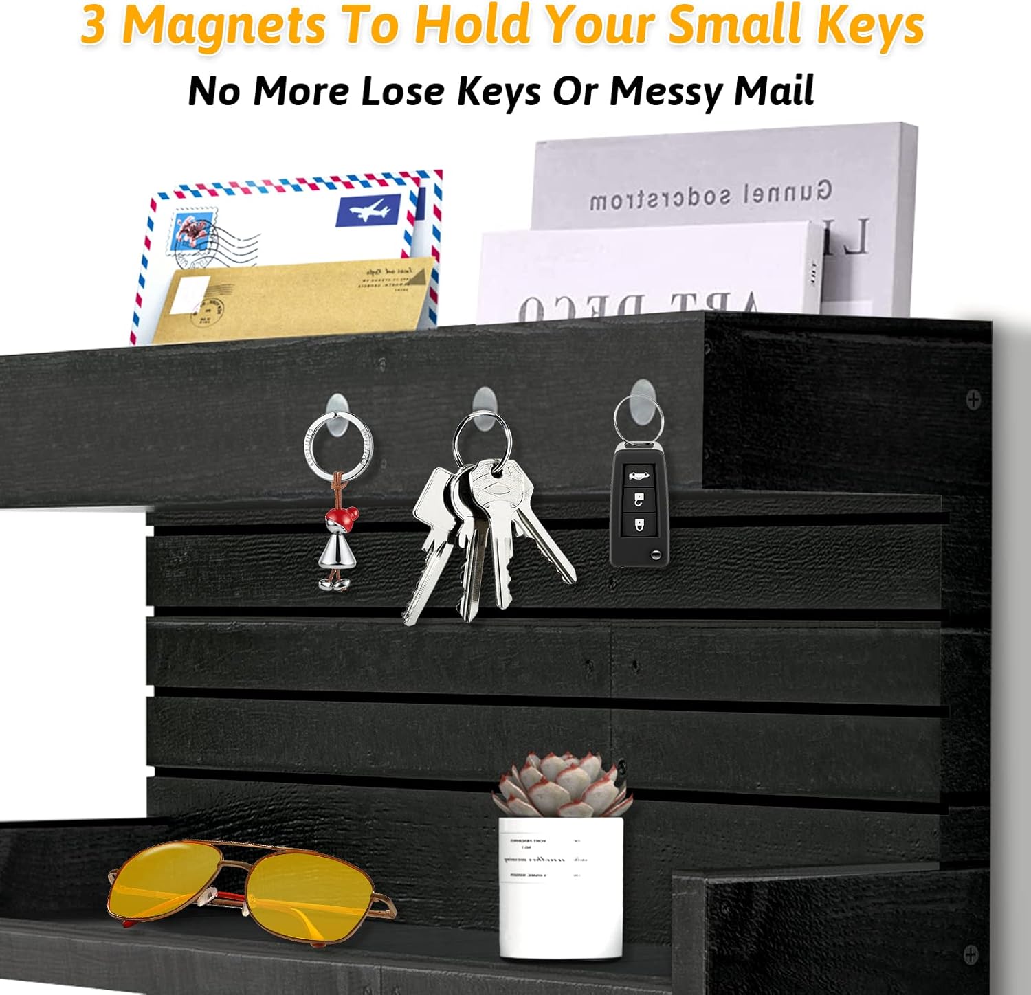 Key Holder for Wall Decorative Wall Mounted Mail Holder with 4 Key Hooks, Wooden Key Rack Mail Sorter Organizer, Double Shelf Key Hanger Mail Key Organizer, Rustic Home Decor for Entryway Hallway