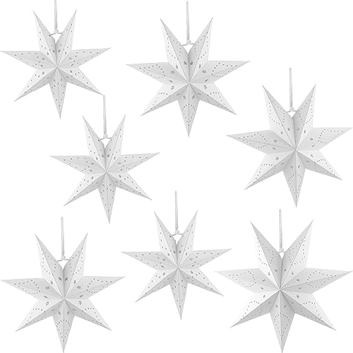7 Pack 18 Inch/ 14 Inch/ 12 Inch/ 10 Inch 7 Pointed Christmas Paper Stars 3D Hollow Out Hanging Paper Star Lanterns Lampshade for Christmas Wedding Birthday Party Home Decor, 4 Size (Color Set 1)