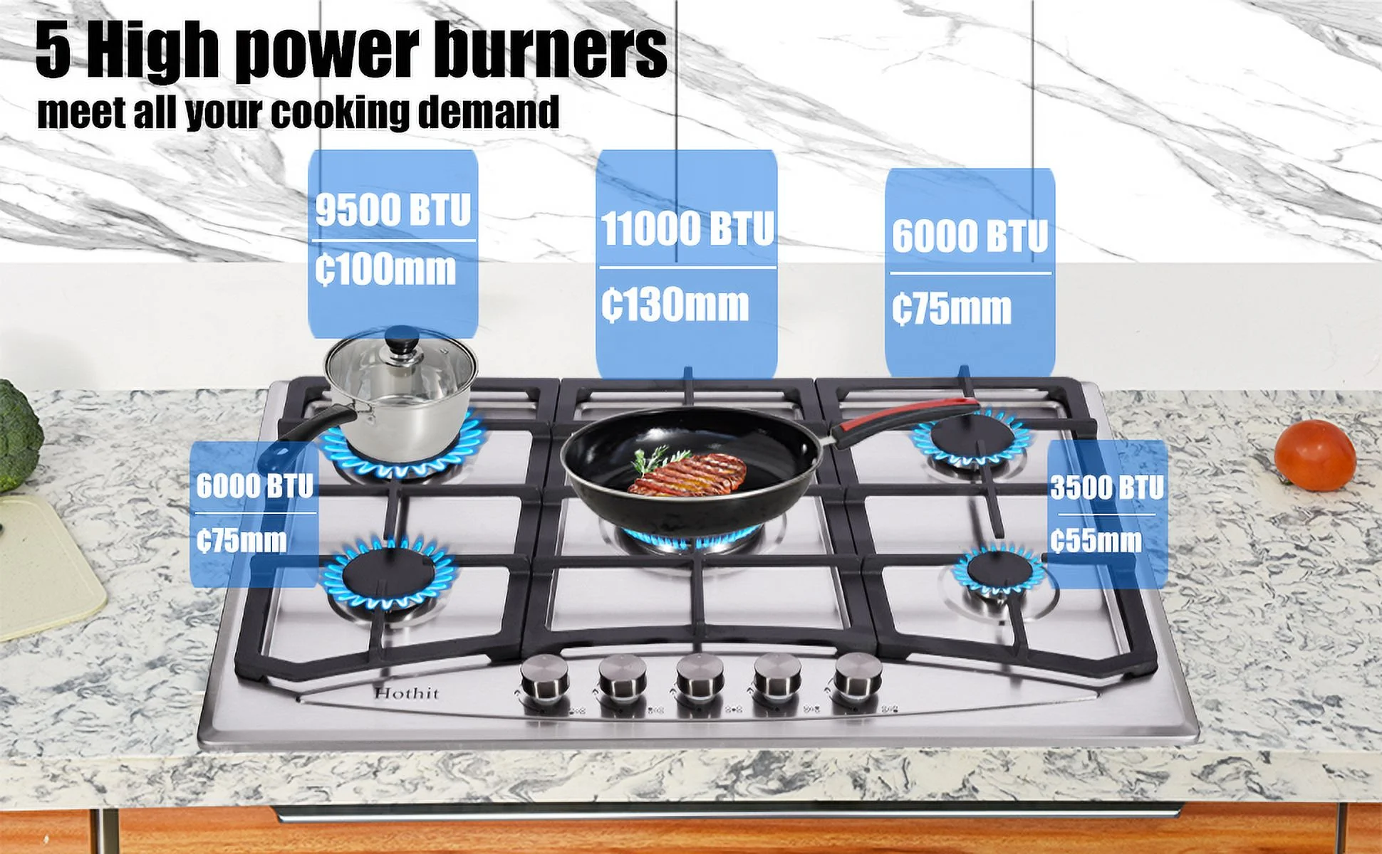 30 inch Propane Gas Cooktop，5 Burner Built-in Stainless Steel Gas Stove Top, LPG/NG Dual Fuel, Include Gas Pressure Regulator Gas Range