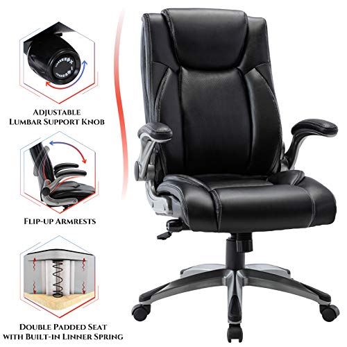 Executive Office Chair-Ergonomic Computer Desk Chair, High Back Leather Chair with Padded Flip-up Arms, Swivel Home Office Chair Upgraded Caster-Black