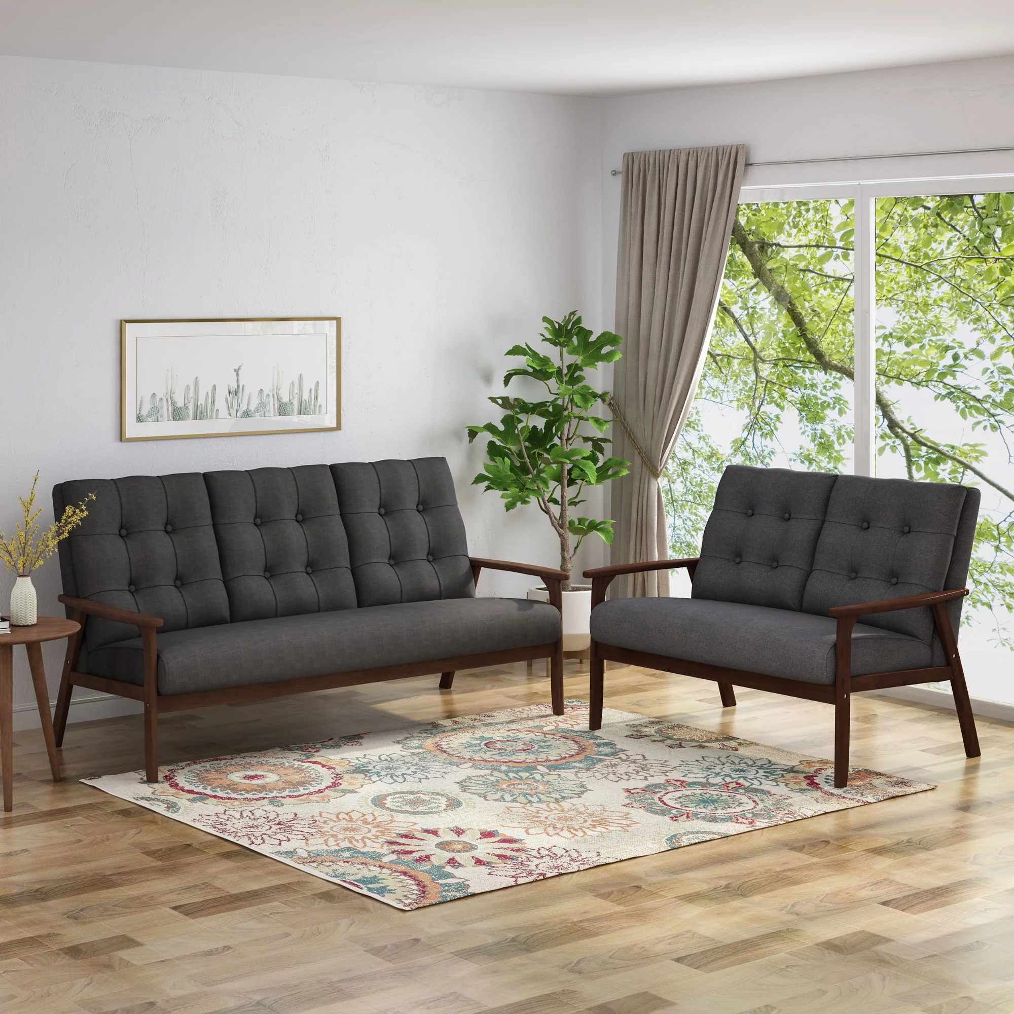 Noble House Eldon Polyester Sofa and Loveseat Set, Charcoal Gray
