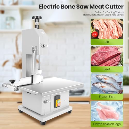 Bone Saw Meat Cutter, 1500W Industrial Butcher Tool Meat Saw, 0.04-7.8 In Cutting thickness Meat Band Saws, 330-441 LBS/H High Speed for Butchering for Ribs/Beef/Poultry
