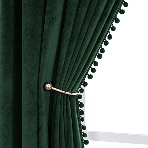 Pompom Velvet Curtains for Bedroom Rod Pocket 52x96 inch Soft Blackout Window Curtains Room Darkening Drape Light Blocking for Living Room 2 Panels,Black