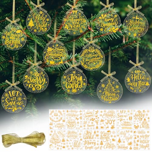 Blosssound Acrylic Christmas Tree Ornaments DIY Christmas Craft Kits Hanging Acrylic Xmas Ball Decorations with Stickers Ribbons for Winter Holiday Party Favors (Red,Cute)