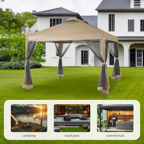 CROWN SHADES Gazebo 10x10 Pop Up Canopy with Mosquito Netting, Screen Tent with 4 Ropes, 8 Stakes, 4 Sandbags and Wheeled Storage Bag, Canopy for Patio & Backyard, Beige