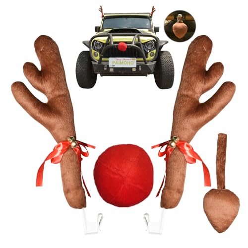 Reindeer Antlers for Cars with Red Nose, Jingle Bells & Tail - Christmas Car Decorations for Cars SUV Truck Premium Antlers Kit, Vehicle Ornament Set for Auto Accessories, Xmas Holiday Decor