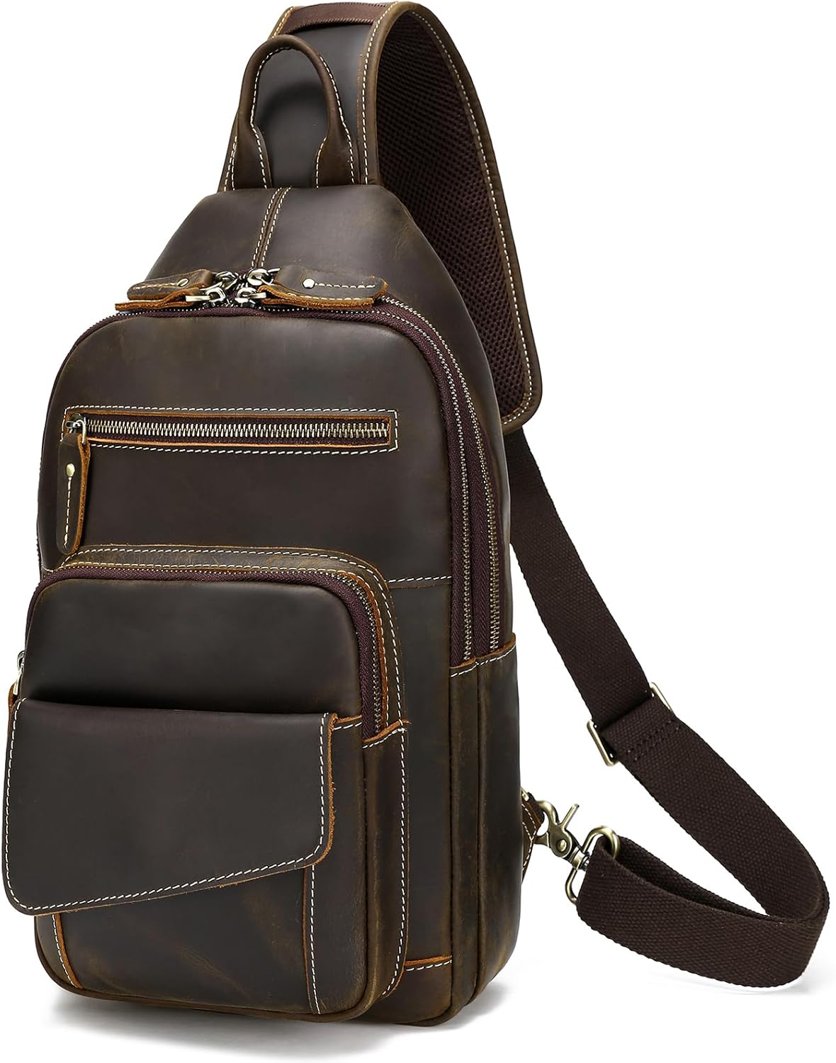 Mens Vintage Full Grain Leather Crossbody Shoulder Sling Bag, Multi-pocket Chest Bag Hiking Travel Daypack fits 12.9