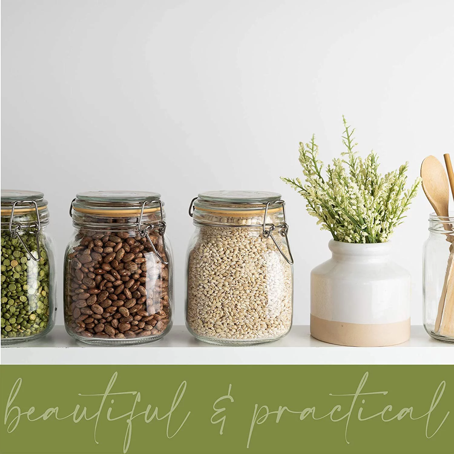 Glass Jars with Airtight Lid  Glass Airtight Food Storage Containers  Clear Leak Proof Rubber Gasket and Clamp Lid [Set of 4 - 33 oz]