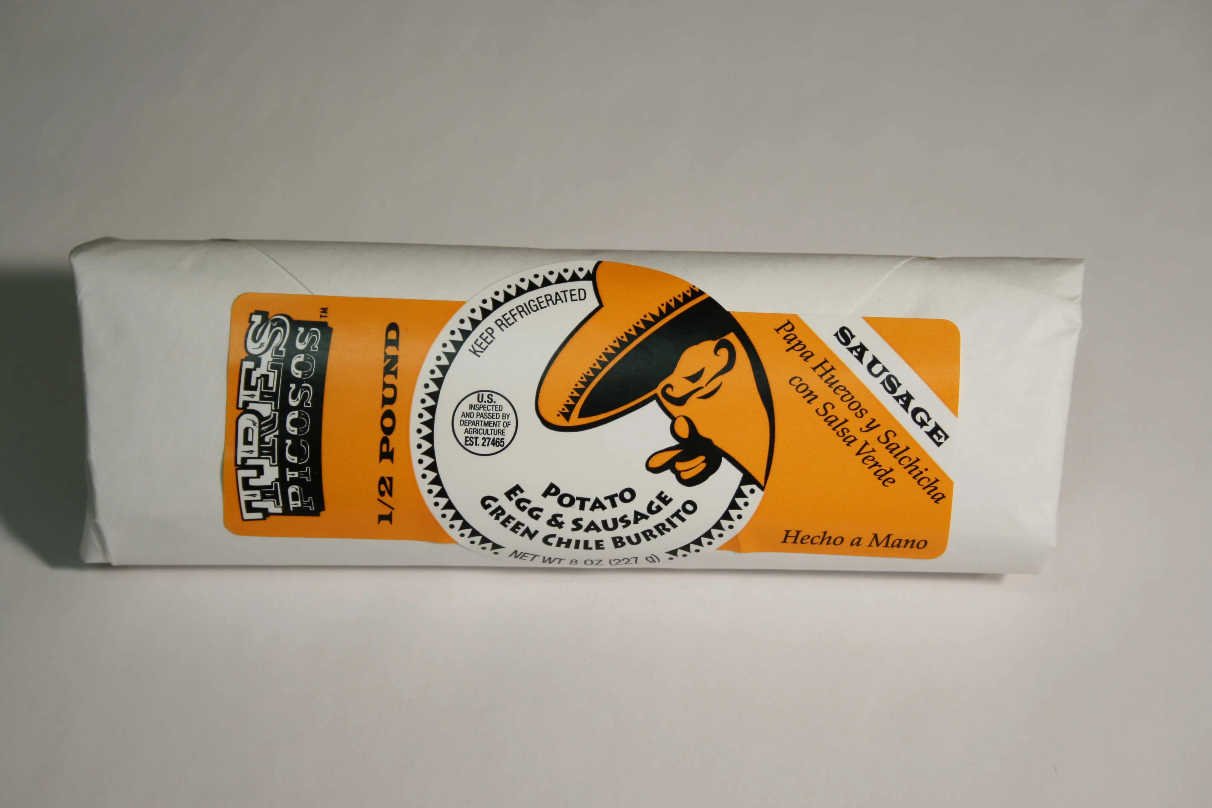 Tres Picosos Potato Egg and Sausage Green Chile Burrito -- 12 per case.