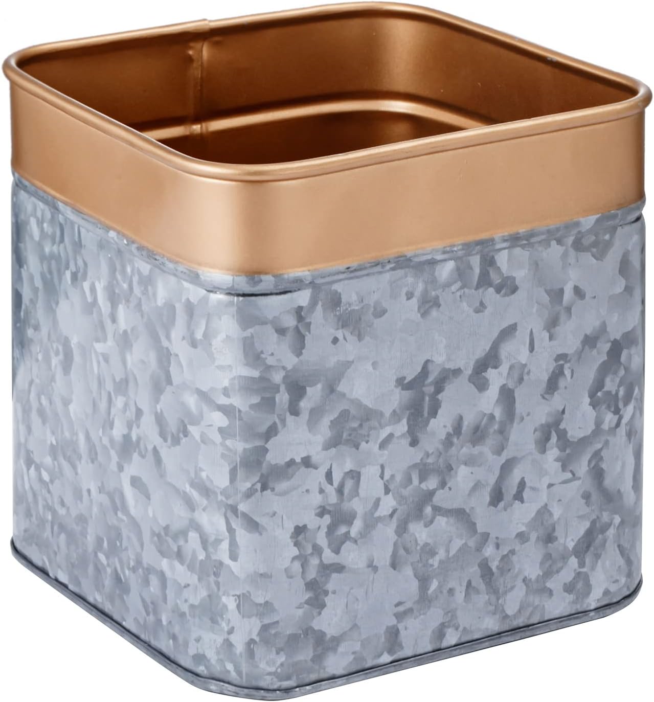 MyGift 7 Inch Galvanized Flower Planter Pot, Rustic Silver Metal Square Decorative Plant Container with Copper Tone Rim, Handcrafted in India