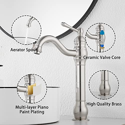 GGStudy 360° Swivel Antique Brass Bathroom Vessel Sink Faucet Single Handle One Hole Matching with Pop Up Drain