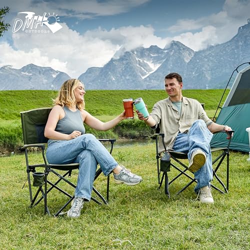 Oversized Folding Camping Chairs for Adults Heavy Duty Camp Chair Support 400 LBS Steel Frame Metal Arm Lawn Chairs with Swivel Cup Holder & Hollow Backrest Extra Large Outdoor Chairs Green