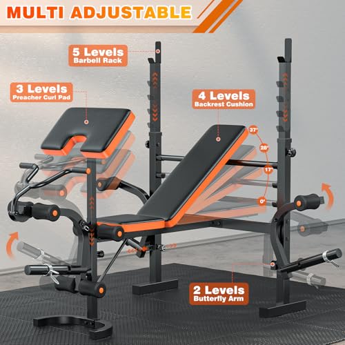 XDDIAS Weight Bench, 770LBS Bench Press Set with Leg Extension, 6 in 1 Olympic Weight Bench for Home Gym, Adjustable Workout Bench with Rack & Preacher Pad, Flat Incline Bench for Weight Lifting
