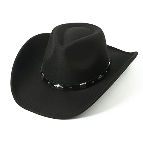 Lanzom Women Men Classic Felt Wide Brim Western Cowboy Cowgirl Hat with Belt Buckle