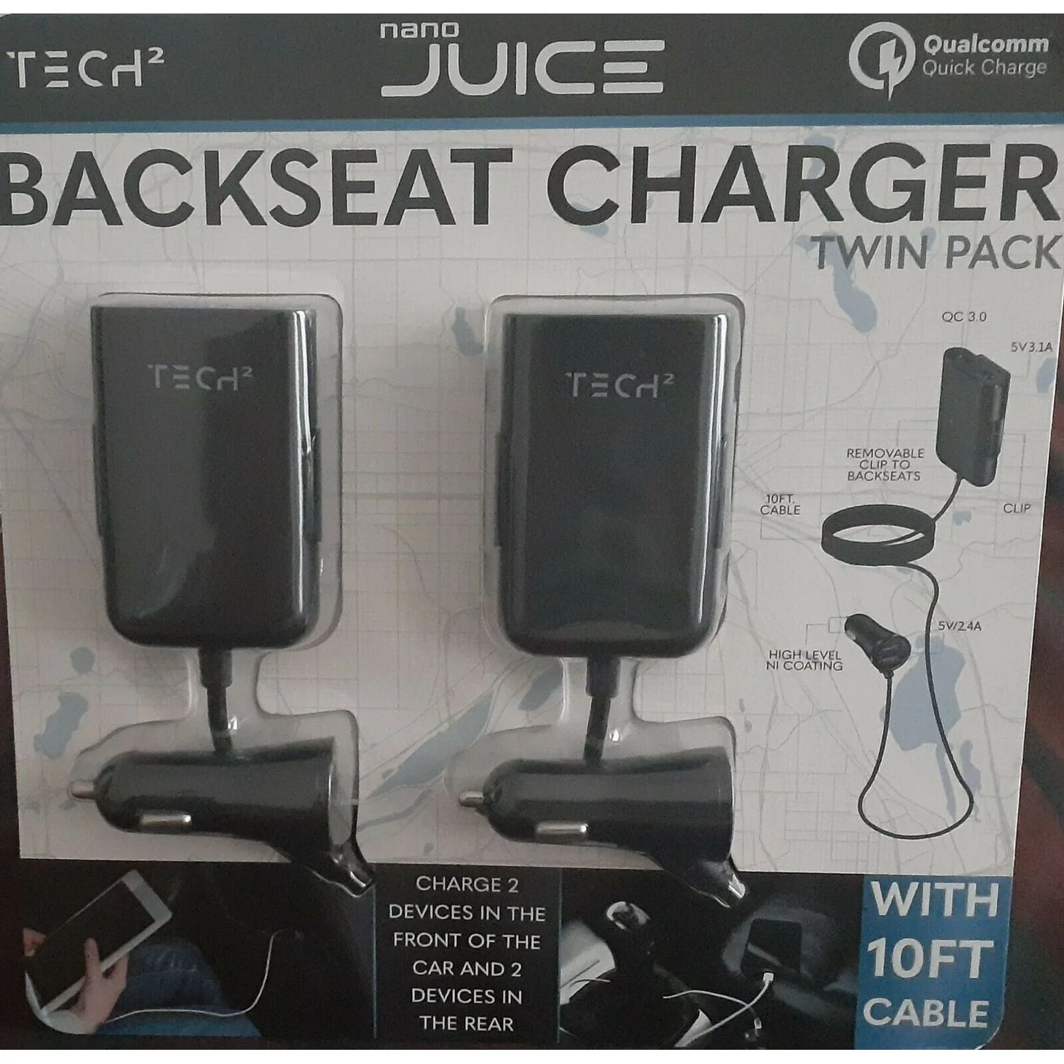 TECH SQUARED Backseat Car Charger, 4 USB Ports & Qualcomm QuickCharge (2pk)