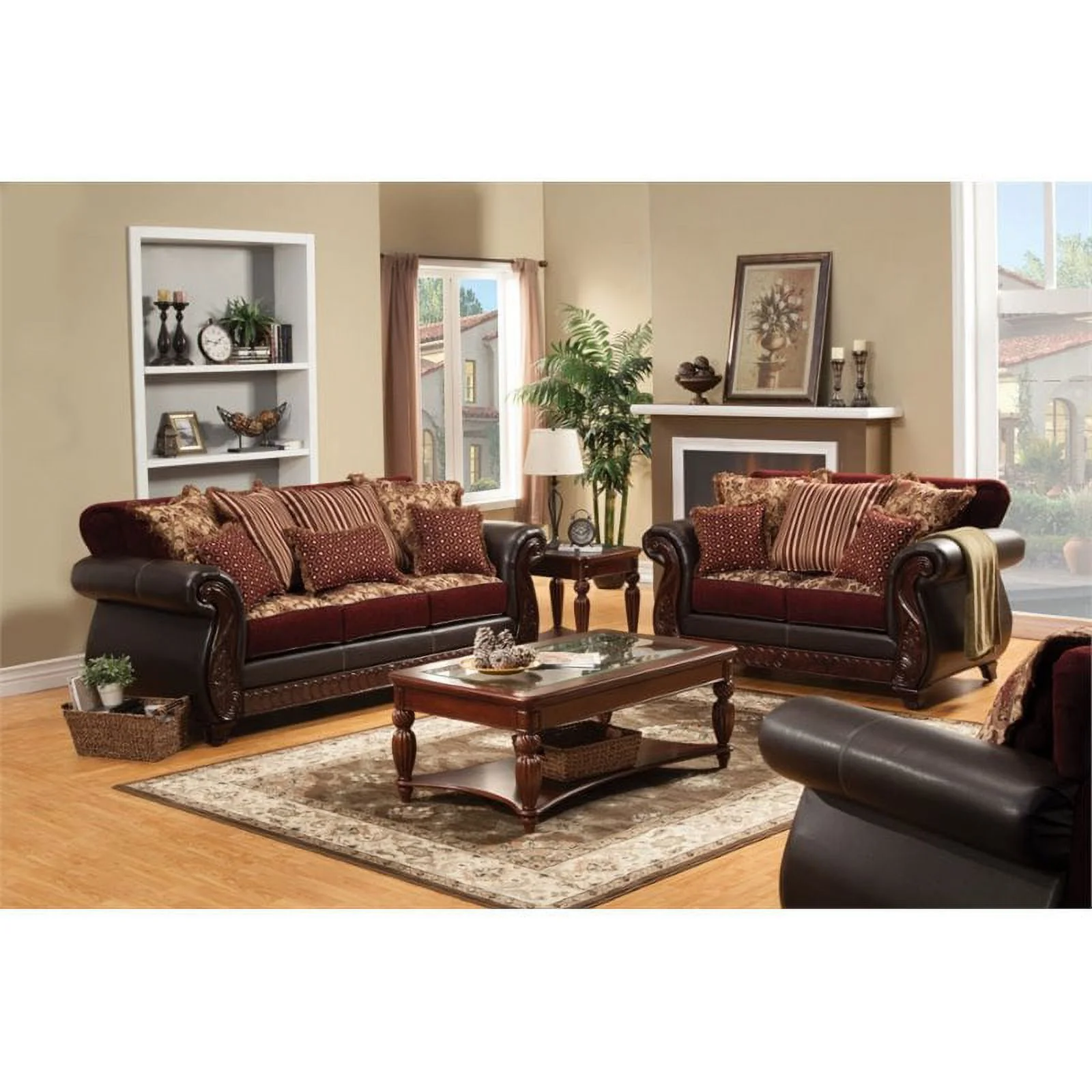 Furniture of America Lozano Faux Leather 2-Piece Sofa Set in Burgundy Red