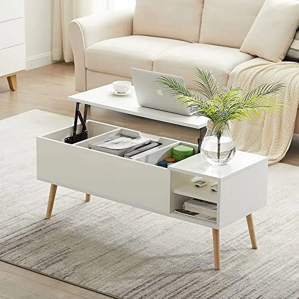 TJUNBOLIFE 43" Lift Top Coffee Table for Living Room  Wooden Center Coffee Table with Hidden  & Open Shelves  Matte White