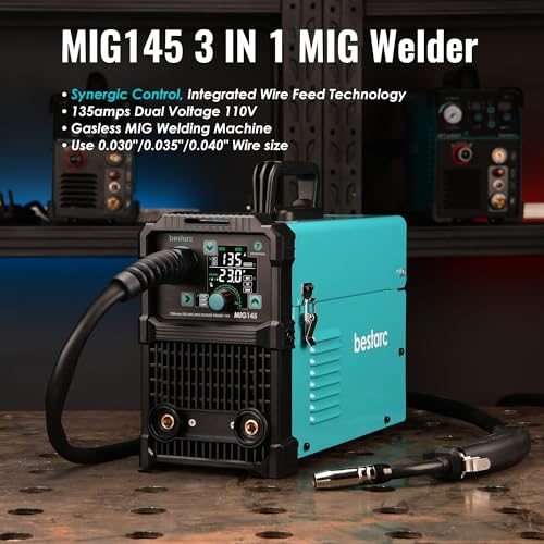 145A MIG Welder, 110V/220V Dual Voltage Gas/Gasless Flux Core MIG Welder/Lift TIG/Stick 3 in 1 Synergic MIG145 9GEN Welding Machine, Flux/Solid Welder Digital Screen Display