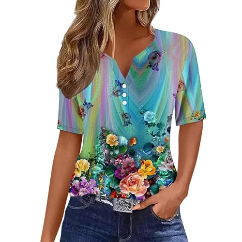 Womens Tops Short Sleeve Henley Neck Button Up Shirts Casual Loose Fit Blouses Boho Floral Vacation T-Shirts