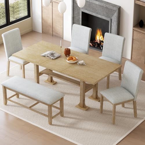 Farmhouse 6-Piece Extendable Dining Table Set, Trestle Kitchen Table Set with Removable Leaf and Upholstered Chair and Bench, Designed for A Large Family (Dark Brown/B)