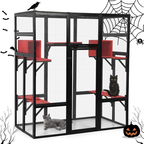 71Inches Large Wood Catio Outdoor Cat Enclosure with Perches and Condos, Cat House Indoor with Waterproof Roof, Cat Shelter 5 Platforms & 2 Resting Box, UV Resistant (Grey)