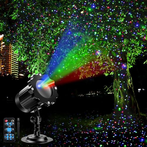 Outdoor RGB Laser Projector Lights, Moving 3 Color Starry Sky & Firefly Effects Projection Light with RF Control, IP65 Outdoor Holiday Landscape Decor for Christmas Halloween Parties Garden New Year