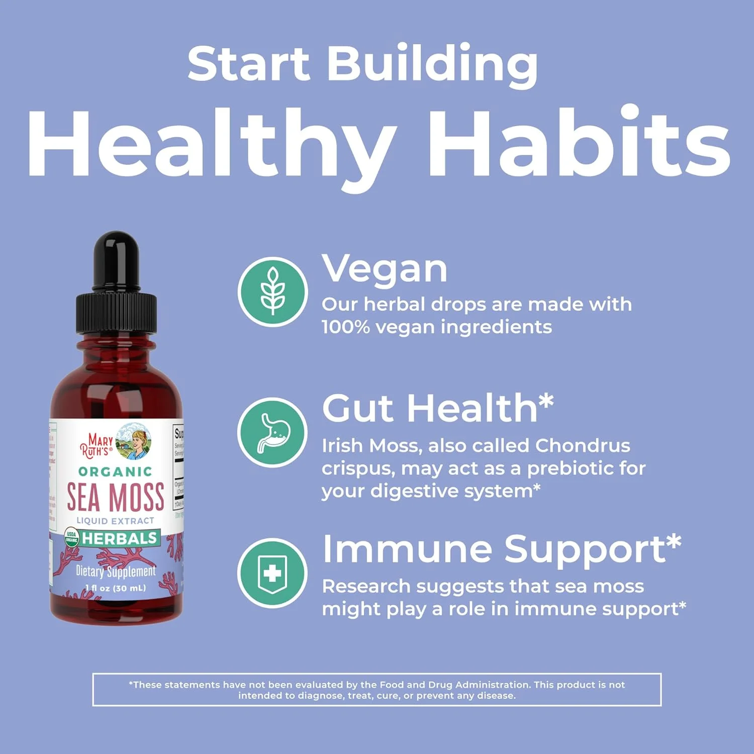 MaryRuth's | USDA Organic Sea Moss Liquid Drops | Herbal Supplement | Gut Health and Immune Support | Vegan, Non-GMO | 1 fl oz / 30 mL