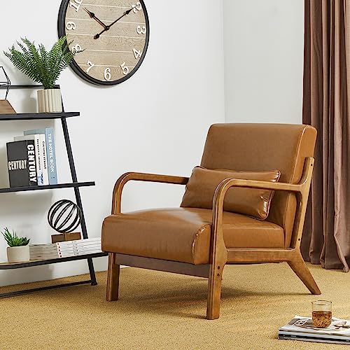 Glitzhome 2 Set Mid Century Black Accent Armchair, Single Reading Armchair PU Leather Lounge Chair with Walnut Ruberwood Frame